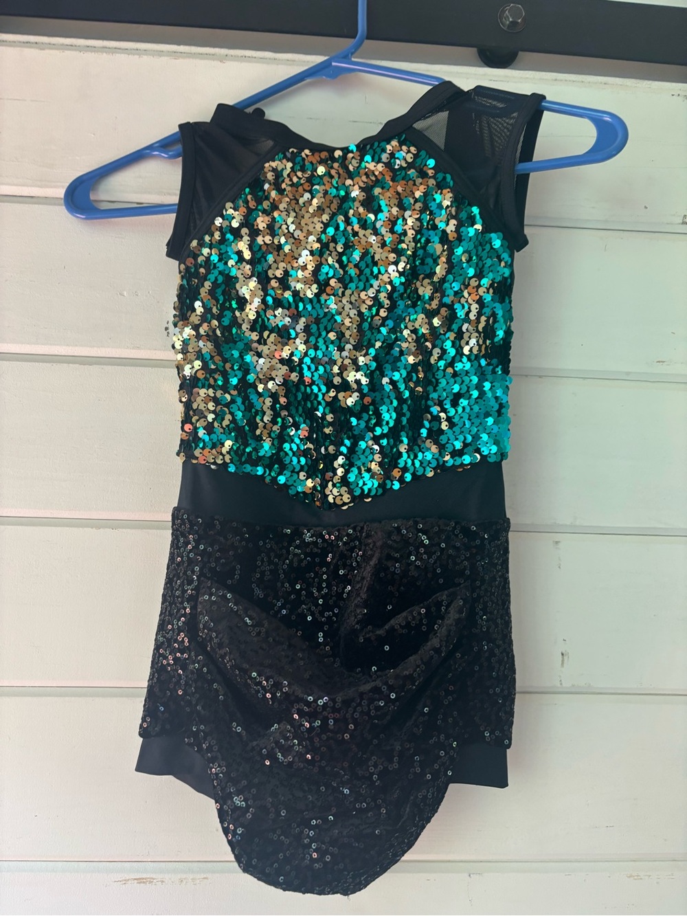 Weissman biketard Girls Black and Teal Sequin Dance Costume